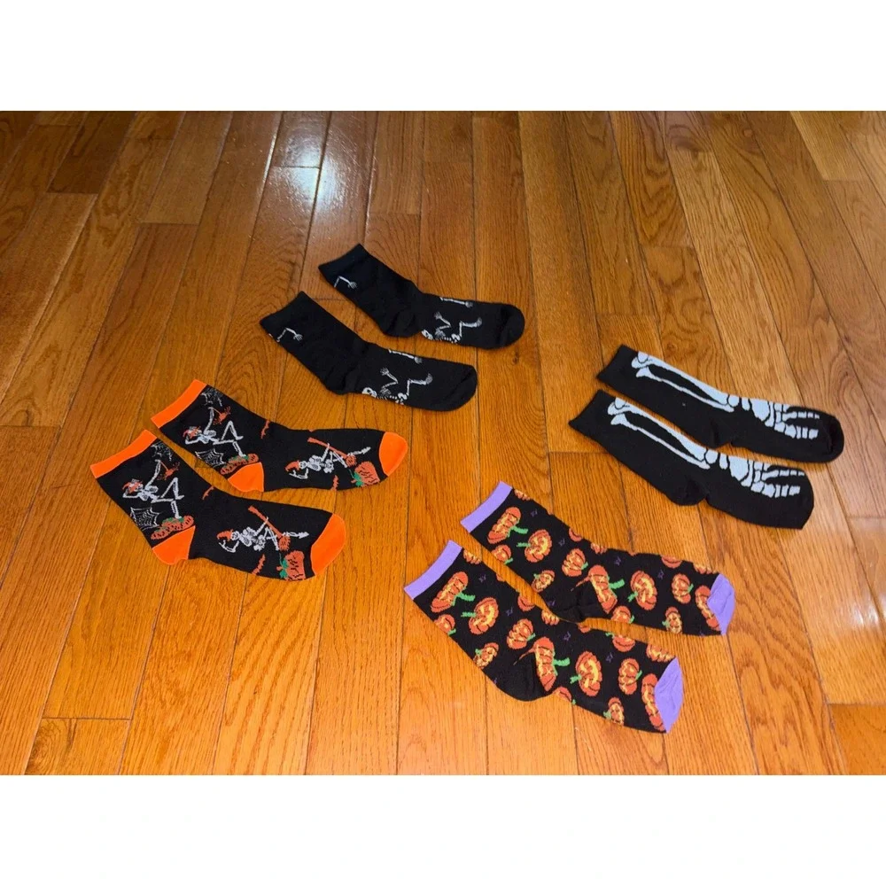 Halloween Crew Socks Bundle 4 Pairs Skeleton Pumpkin Black Orange Purple Womens